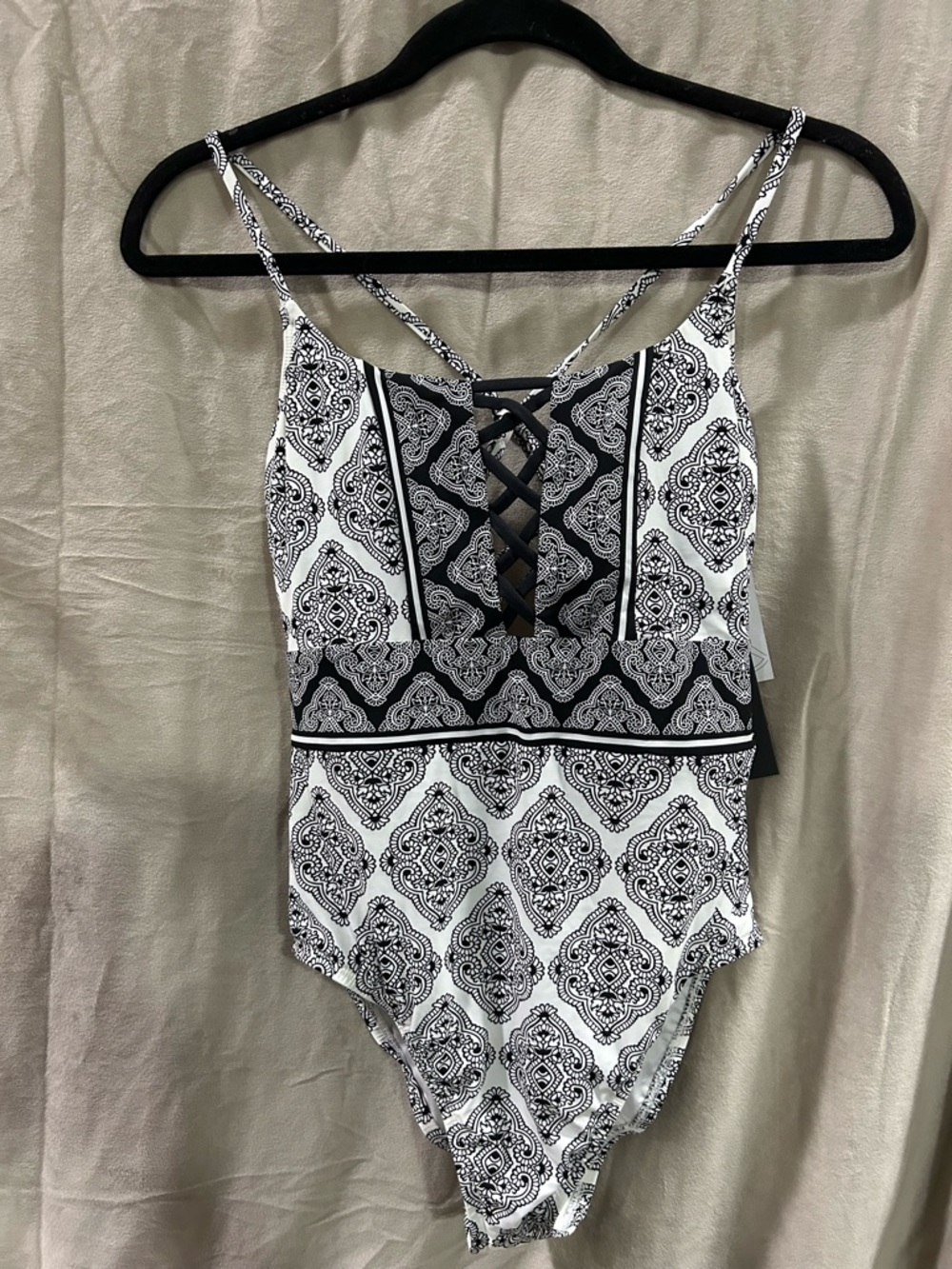 La Blanca Black and White One-Piece Swimsuit with Lace-Up Front